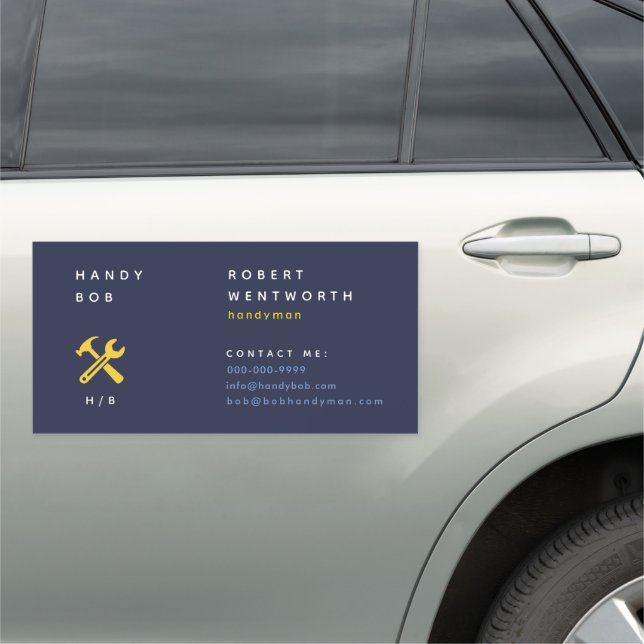 Yellow Wrench & Hammer on Blue Simple Handyman Car Magnet (In Situ)