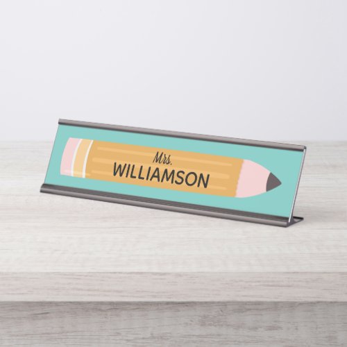 Yellow Writing Pencil Personalized Teacher Desk Name Plate