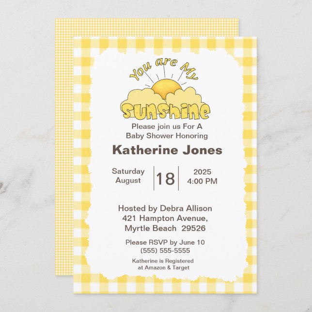 Yellow You Are My Sunshine Baby Shower  Invitation (Front/Back)