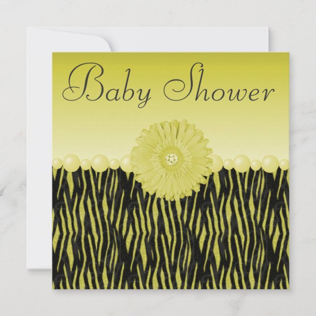 Yellow Zebra Stripes Pearls & Flower Baby Shower Invitation (Front)