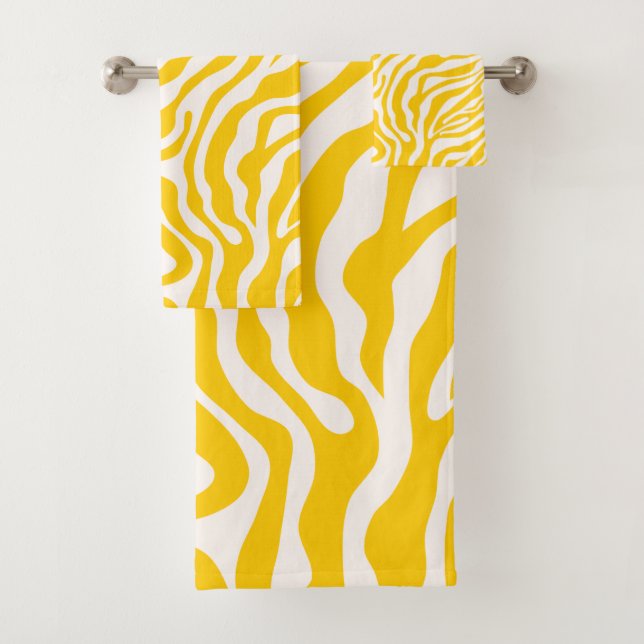 Yellow Zebra Stripes Preppy Wild Animal Print Bath Towel Set (Insitu)
