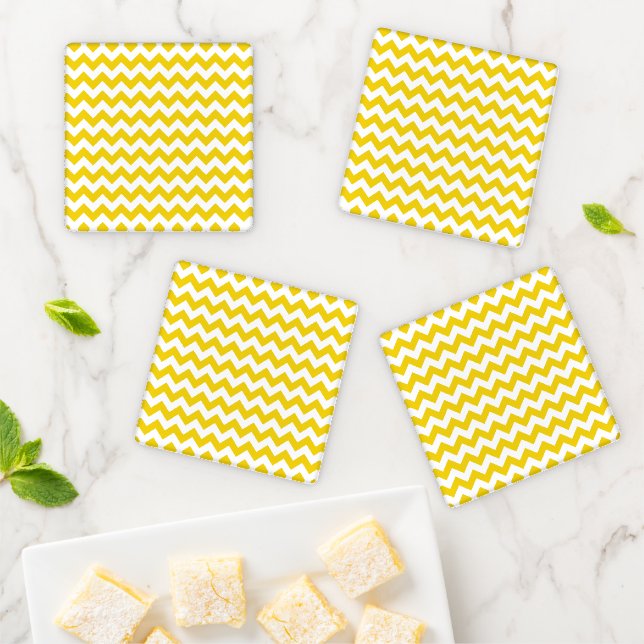 Yellow Zigzag, Yellow Chevron, Geometric Pattern Coaster Set (In Situ)