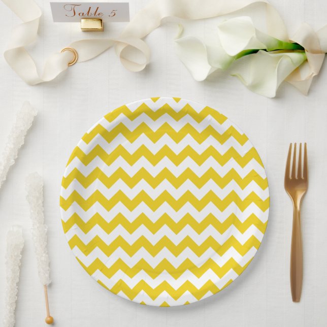 Yellow Zigzag, Yellow Chevron, Geometric Pattern Paper Plates (Wedding)