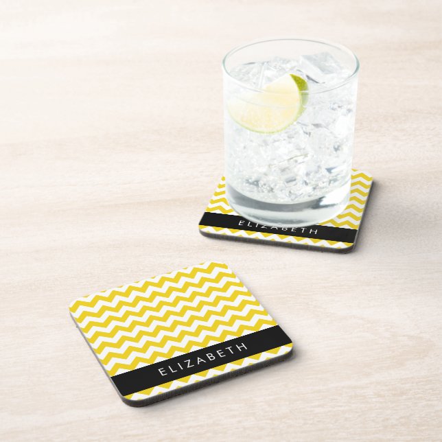 Yellow Zigzag, Yellow Chevron, Your Name Beverage Coaster (Right Side)