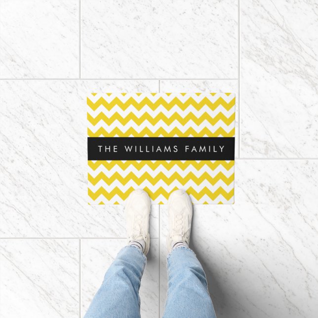 Yellow Zigzag, Yellow Chevron, Your Name Doormat (Indoor)