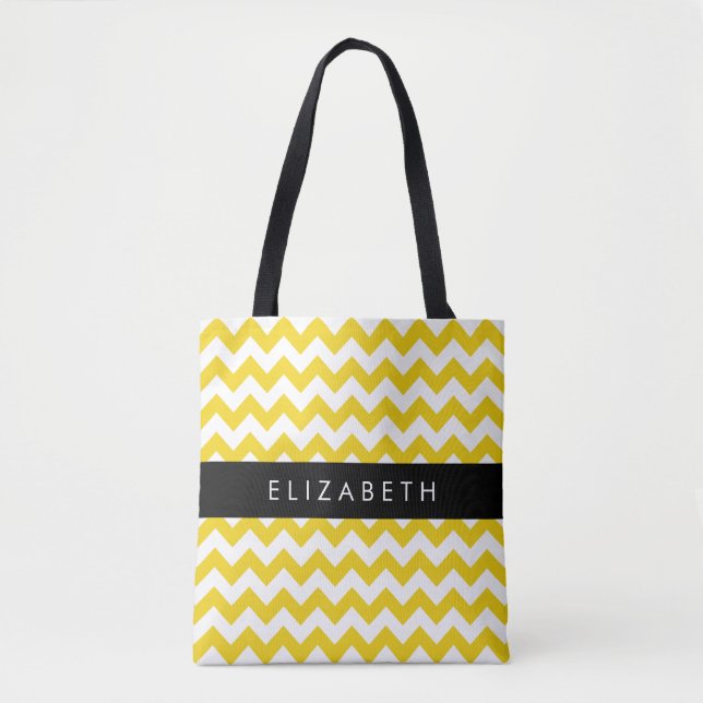 Yellow Zigzag, Yellow Chevron, Your Name Tote Bag (Front)