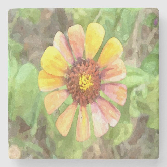Yellow Zinnia Flower Stone Coaster (Front)
