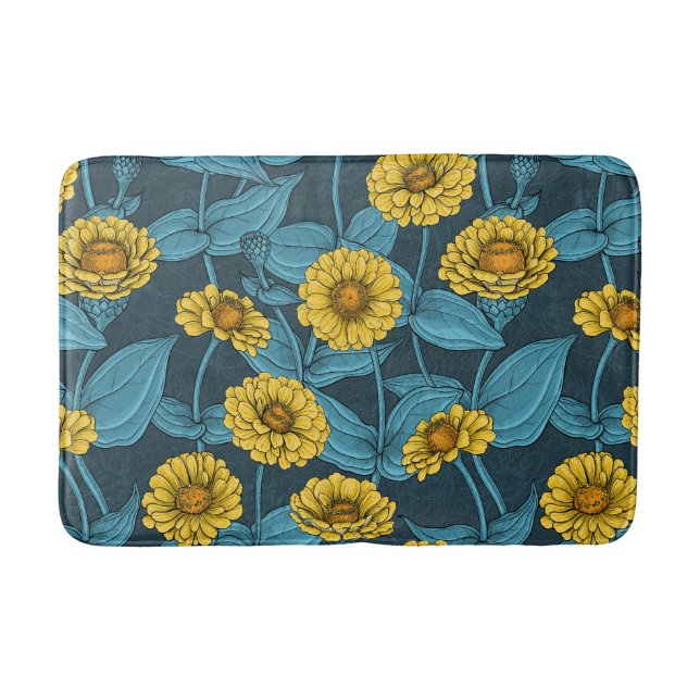 Yellow Zinnias on dark blue Bath Mat (Front)