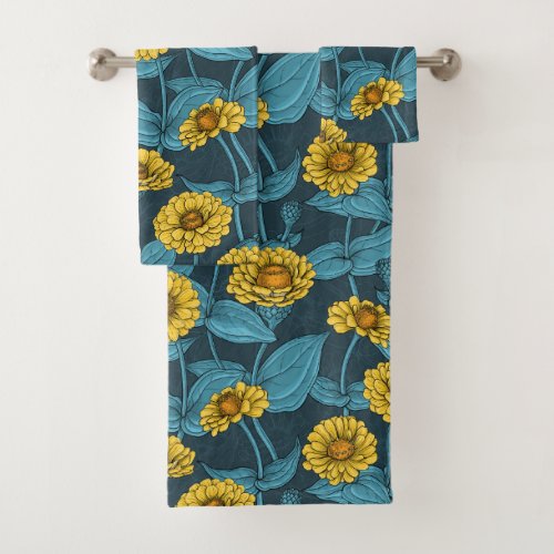 Yellow Zinnias on dark blue Bath Towel Set