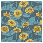 Yellow Zinnias on dark blue Fabric