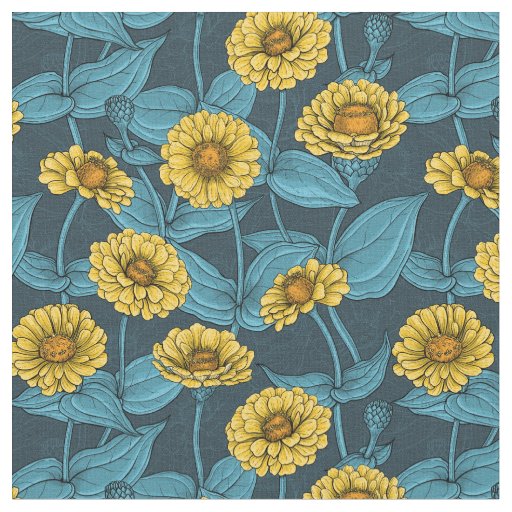 Yellow Zinnias on dark blue Fabric