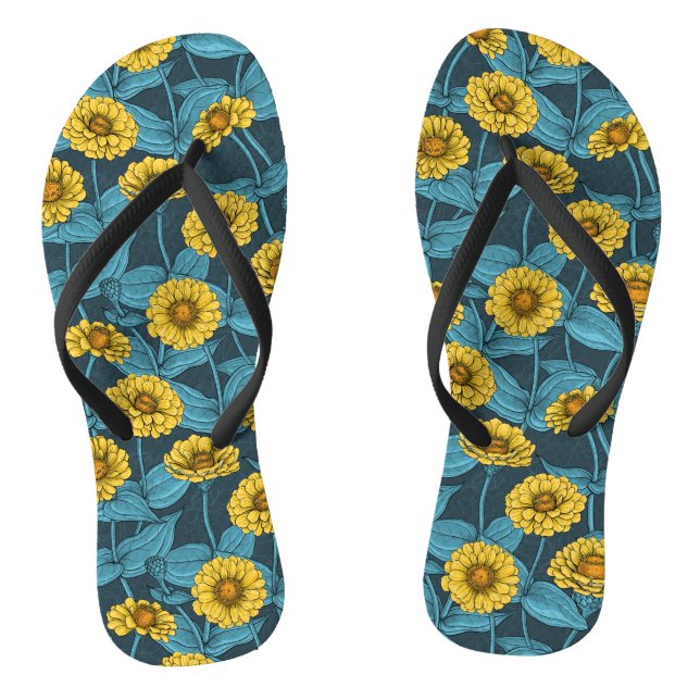Yellow Zinnias on dark blue Flip Flops (Footbed)