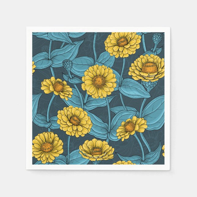 Yellow Zinnias on dark blue Napkins (Front)