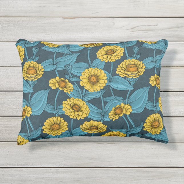 Yellow Zinnias on dark blue Outdoor Pillow (Front)