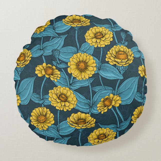 Yellow Zinnias on dark blue Round Pillow (Front)
