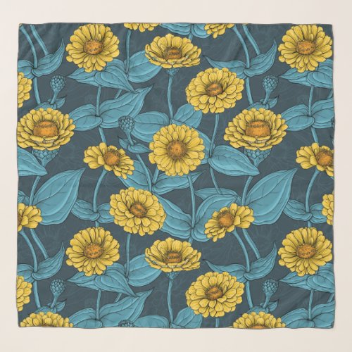 Yellow Zinnias on dark blue Scarf