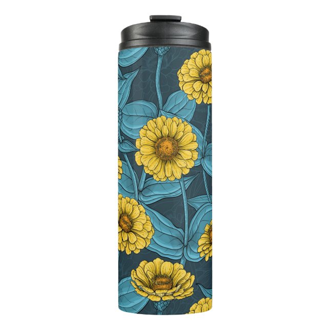 Yellow Zinnias on dark blue Thermal Tumbler (Front)