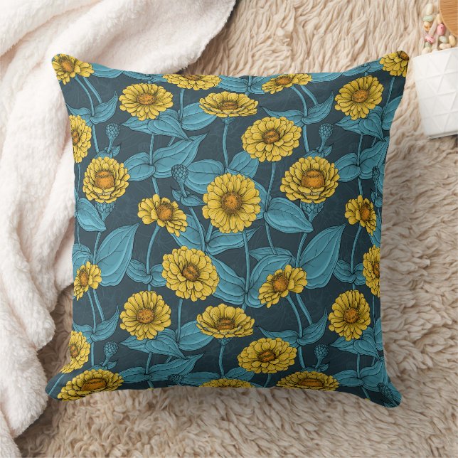 Yellow Zinnias on dark blue Throw Pillow (Blanket)