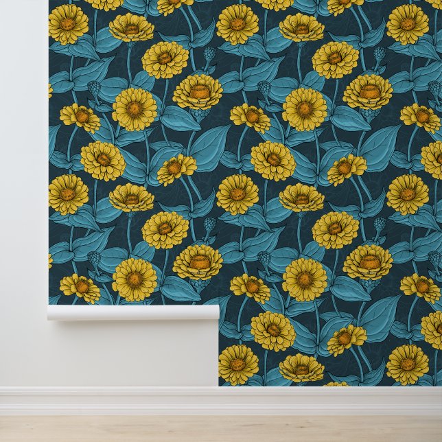 Yellow Zinnias on dark blue Wallpaper (Application)