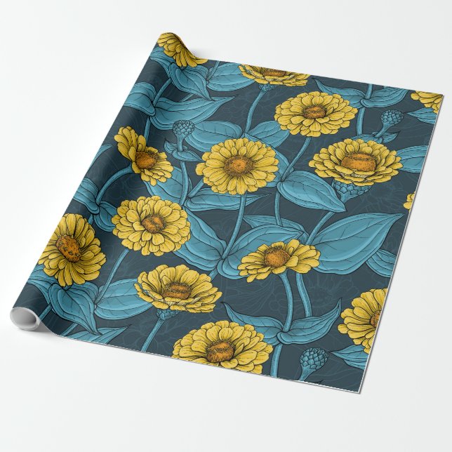 Yellow Zinnias on dark blue Wrapping Paper (Unrolled)