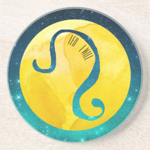 Yellow Zodiac Sign Leo on Teal Starry Sky Coaster