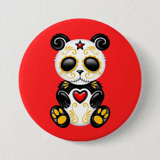 Yellow Zombie Sugar Panda on Red Pinback Button (Front)