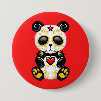 Yellow Zombie Sugar Panda on Red Pinback Button
