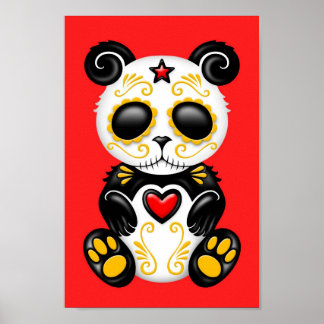 Yellow Zombie Sugar Panda on Red Poster