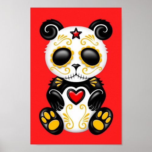 Yellow Zombie Sugar Panda on Red Poster