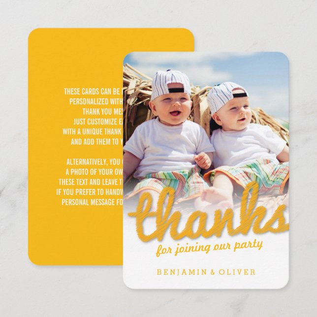 YellowBold Fun Sketch Thanks Twins Birthday Photo Thank You Card (Front/Back)