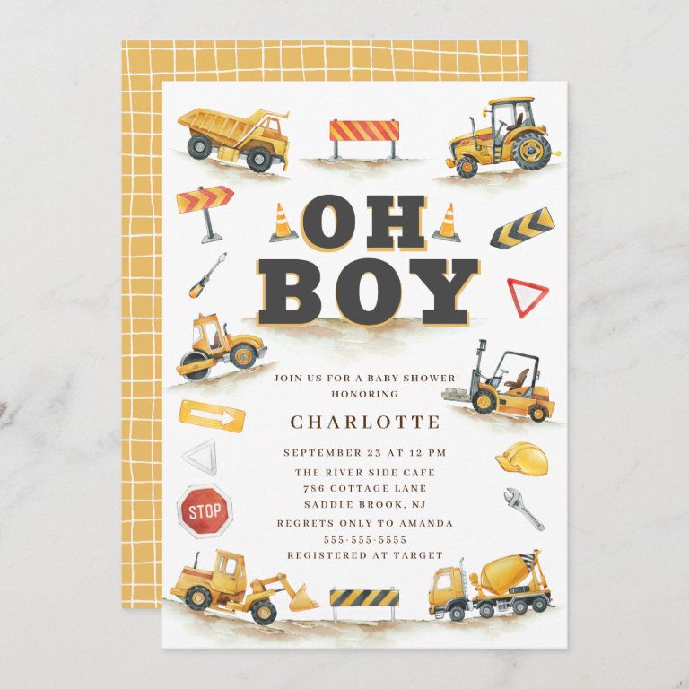 YellowConstruction Truck Baby Shower Invitation