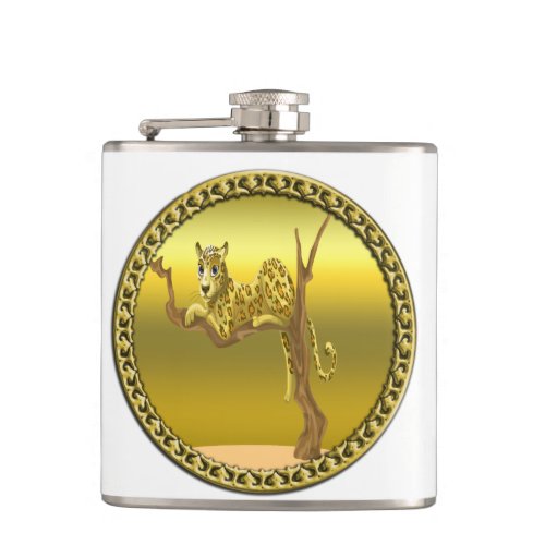 yellowish brown cartoon spotted leopard hip flask