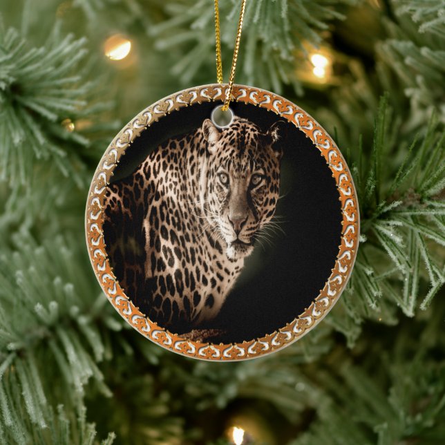 yellowish brown spotted leopard looking at you ceramic ornament (Tree)
