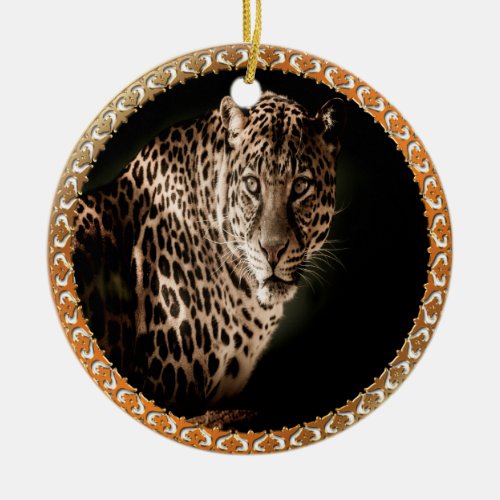 yellowish brown spotted leopard looking at you ceramic ornament