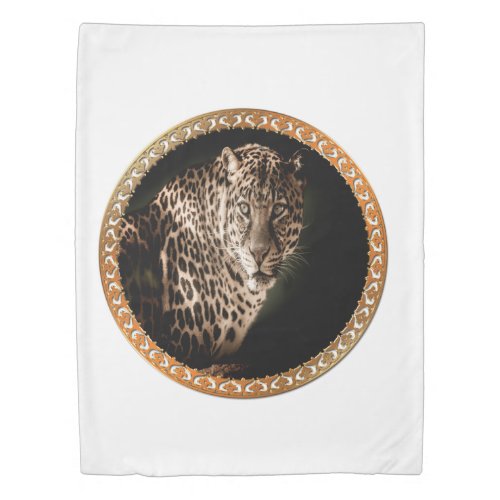 yellowish brown spotted leopard looking at you duvet cover
