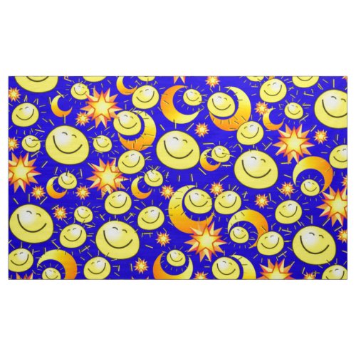 YellowOrange  Stars Sun Moon Blue Fabric