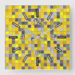 [ Thumbnail: Yellows and Grays Tiled Squares Pattern Square Wall Clock ]