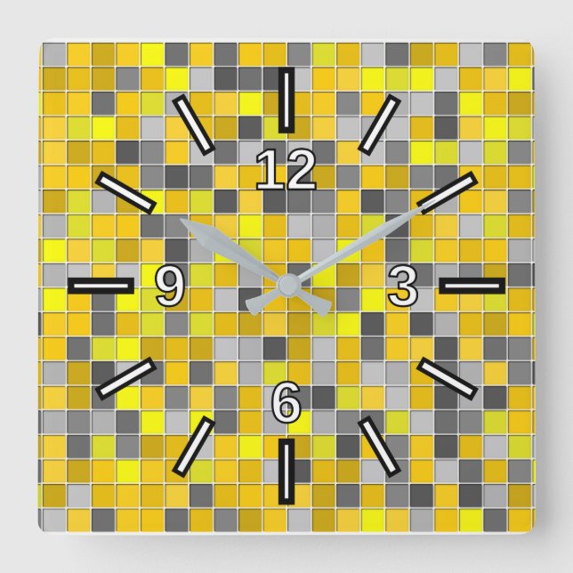 Yellows and Grays Tiled Squares Pattern Square Wall Clock (Front)