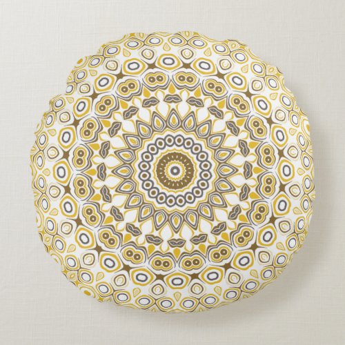 Yellows and White Mandala Kaleidoscope Medallion Round Pillow