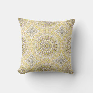 Yellows and White Mandala Kaleidoscope Medallion Throw Pillow