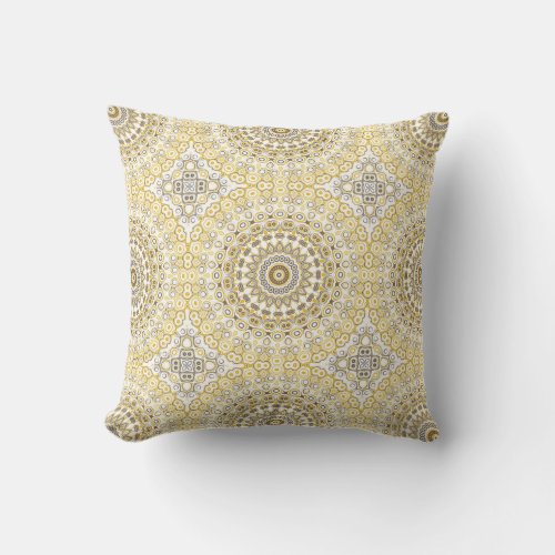 Yellows and White Mandala Kaleidoscope Medallion Throw Pillow