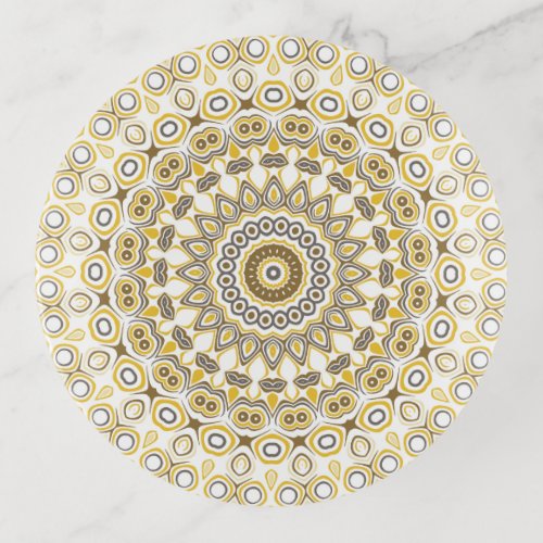 Yellows and White Mandala Kaleidoscope Medallion Trinket Tray