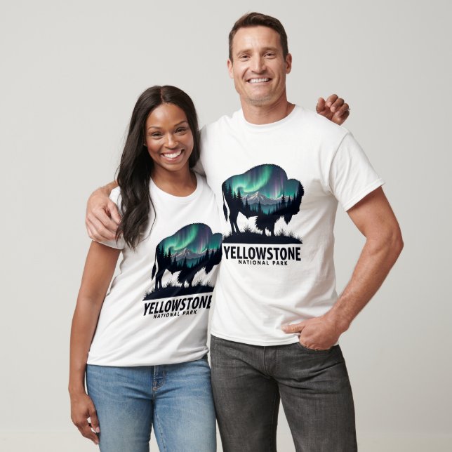 Yellowstone Bison with Aurora Landscape Design T-Shirt (Unisex)