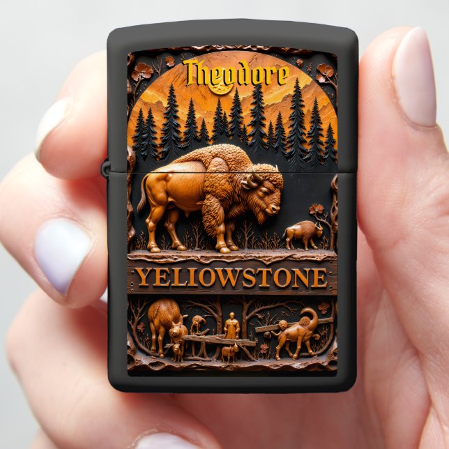 Yellowstone Carved Bison Forest Zippo Lighter (In Hand)
