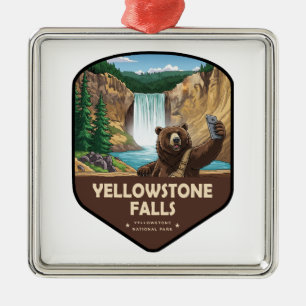 Yellowstone Falls Bear Selfie Shield Metal Ornament