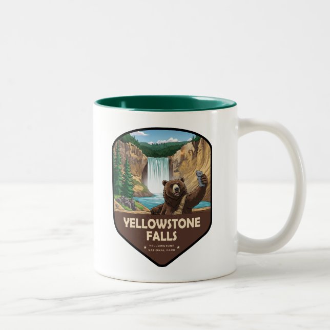 Yellowstone Falls Bear Selfie Shield Two-Tone Coffee Mug (Right)