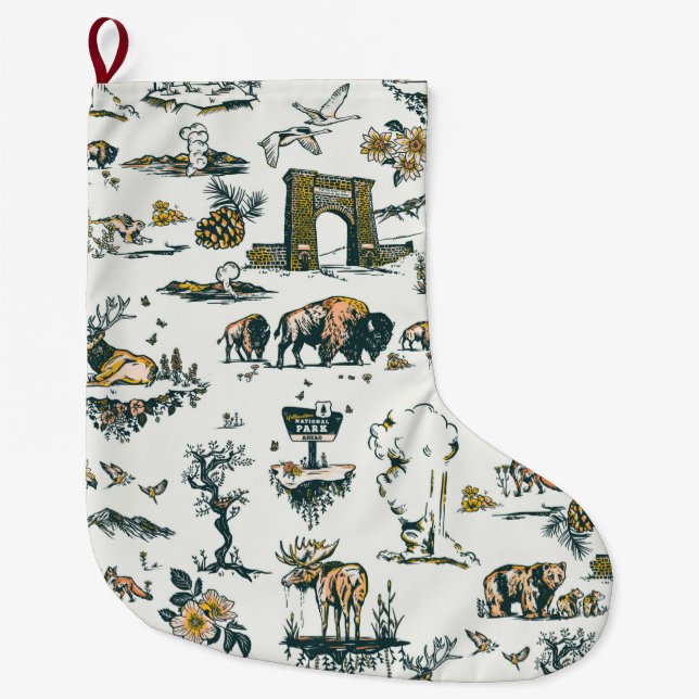 Yellowstone National Park Animal Pattern Xmas Gift Large Christmas Stocking (Front)