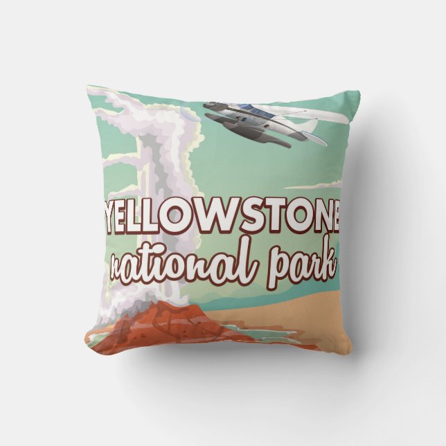 Yellowstone national park cartoon travel poster throw pillow (Front)