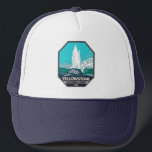 Yellowstone National Park Castle Geyser Vintage   Trucker Hat<br><div class="desc">Yellowstone Forest vector artwork design. The park features dramatic canyons,  alpine rivers,  lush forests,  hot springs and gushing geysers,  including its most famous,  Old Faithful.</div>