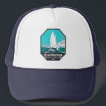 Yellowstone National Park Castle Geyser Vintage   Trucker Hat<br><div class="desc">Yellowstone Forest vector artwork design. The park features dramatic canyons,  alpine rivers,  lush forests,  hot springs and gushing geysers,  including its most famous,  Old Faithful.</div>
